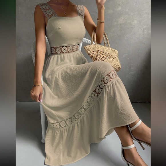 Boho khaki lace insert maxi dress LAST PACK - Picture 2 of 6
